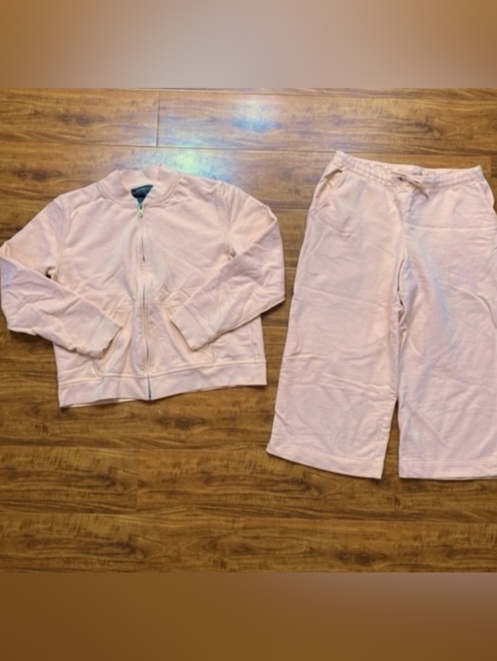 Lauren Ralph Lauren Womens Peach Blush Zip Jacket + Wide Leg Crop Sweatpants MP